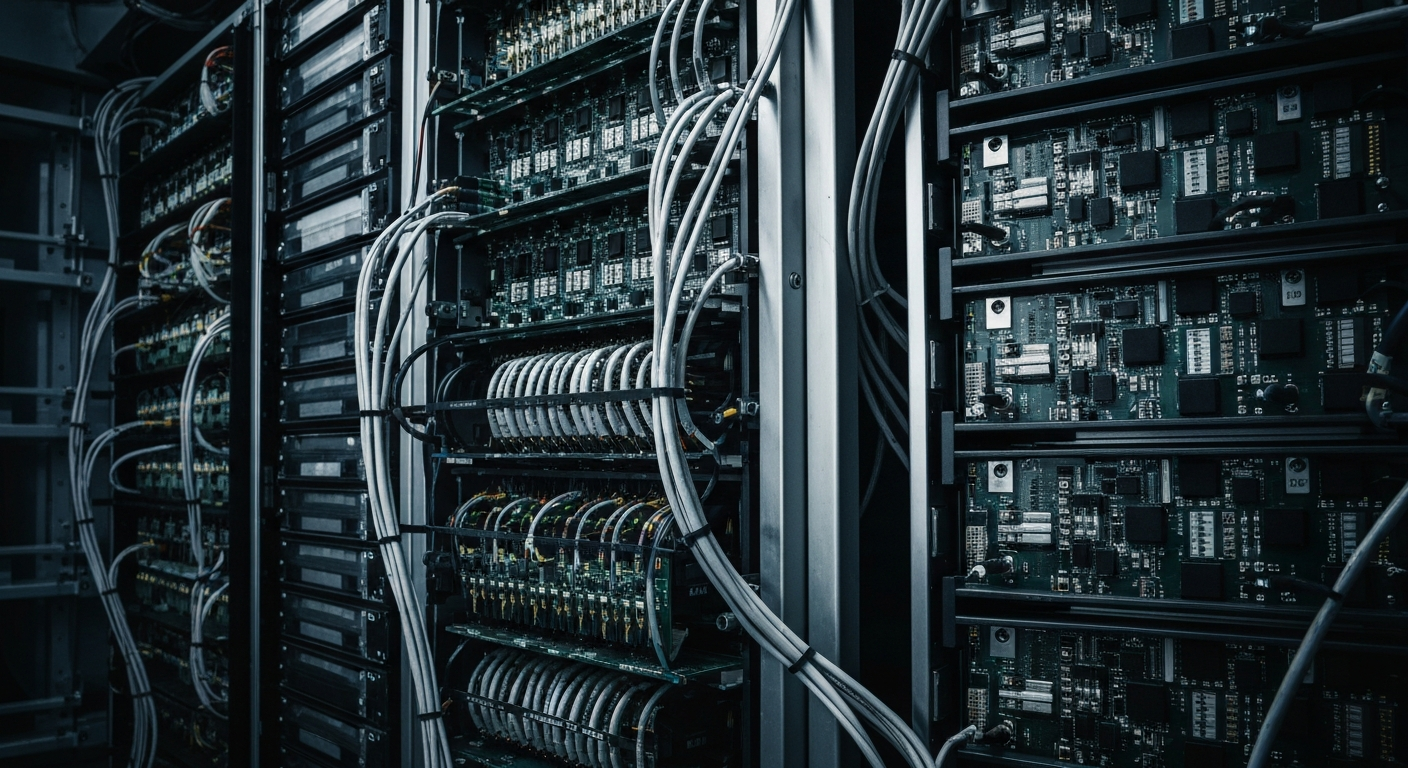 A cinematic close-up of intricate banking and financial technology equipment, conveying the complex inner workings of a troubled public company.