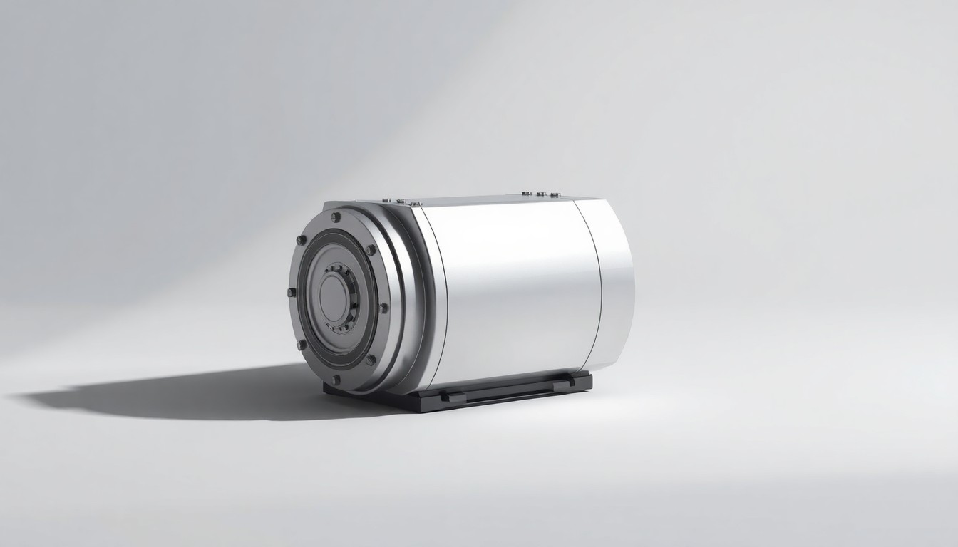 A photorealistic studio still life of a sleek, metallic model of a small modular nuclear reactor, dramatically lit to represent the abstract concepts of corporate strategy, finance, and risk in the SMR industry.