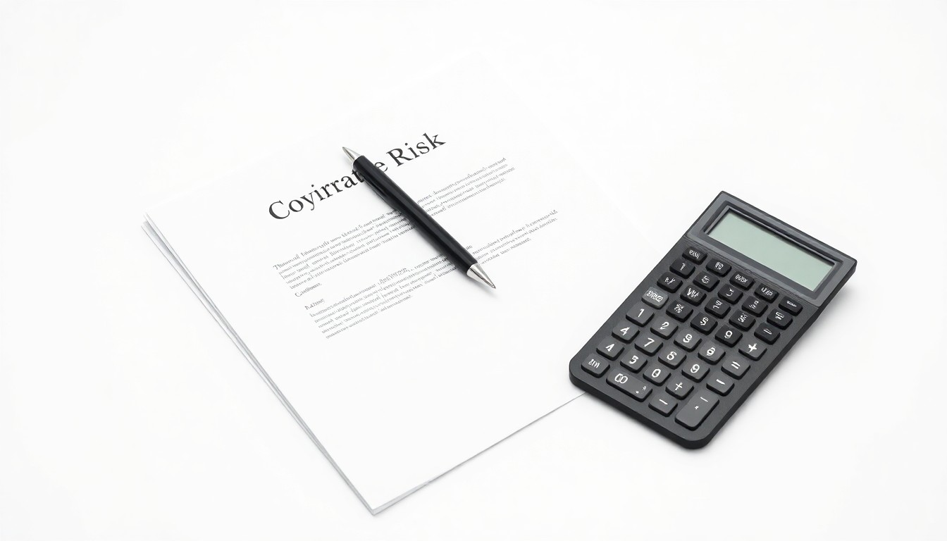 A photorealistic studio still life featuring a stack of legal documents, a pen, and a calculator arranged on a clean white background, conceptually representing the abstract themes of corporate governance, financial risk, and investor protection.
