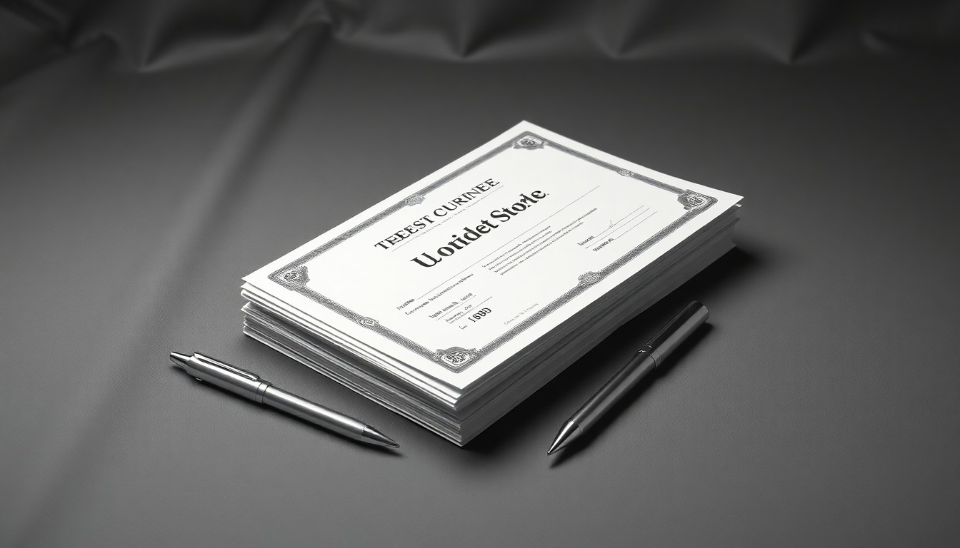 A photorealistic studio still life featuring a stack of stock certificates and a metal pen, symbolizing corporate finance and strategy.