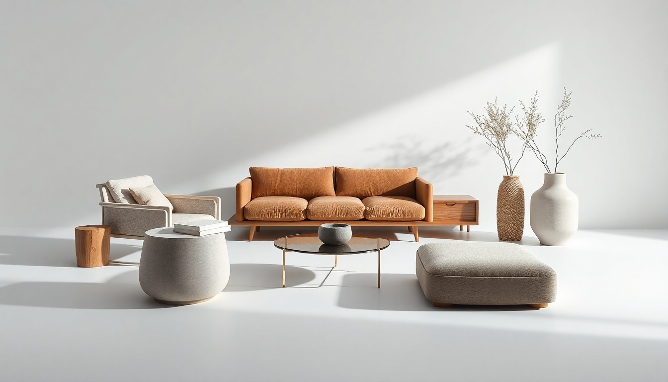 A minimalist, photorealistic studio still life featuring a selection of Arhaus' artisan-crafted furniture and home decor pieces arranged elegantly on a clean, monochromatic background, conceptually representing the premium quality and craftsmanship of the Arhaus brand.