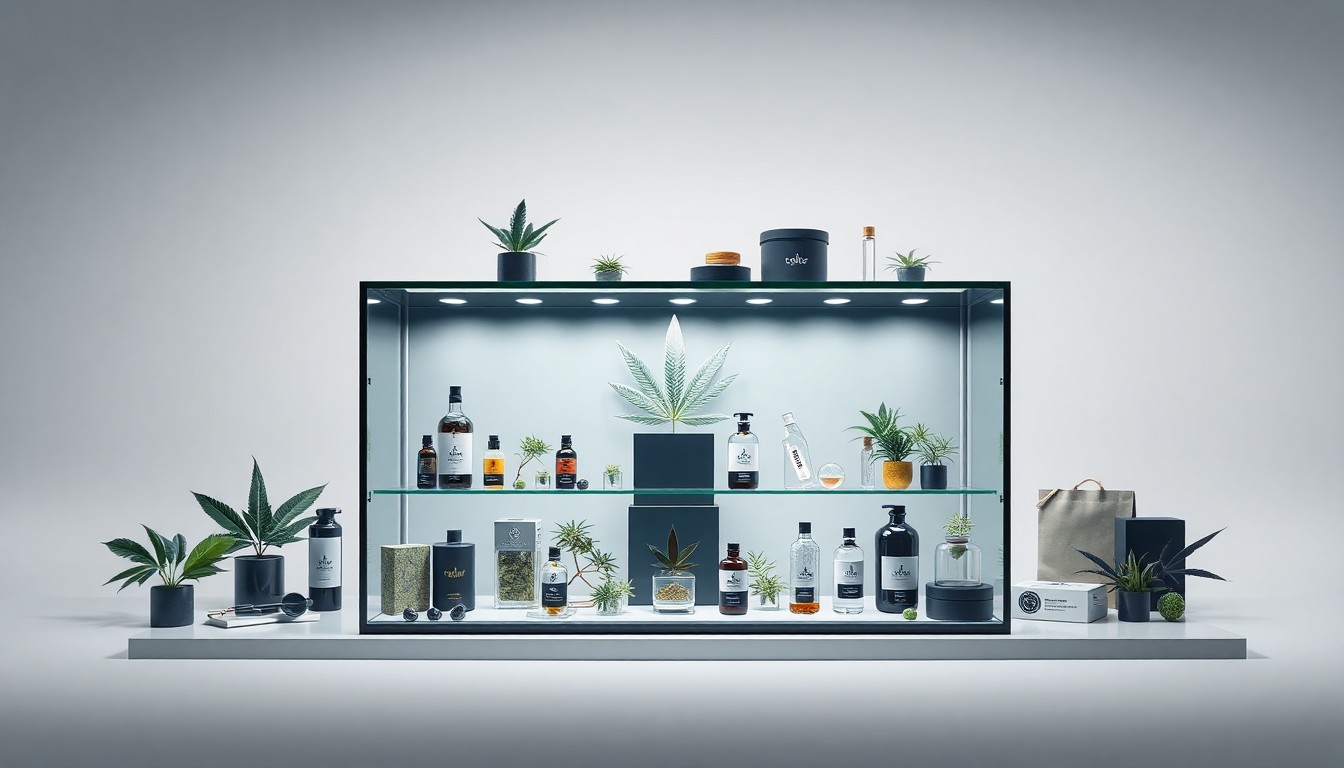 A photorealistic studio still-life photograph featuring a sleek, modern glass display case filled with various premium cannabis products and accessories, all arranged elegantly on a clean, monochromatic background with dramatic lighting and shadows, conceptually representing the intersection of corporate strategy, finance, and the cannabis industry.
