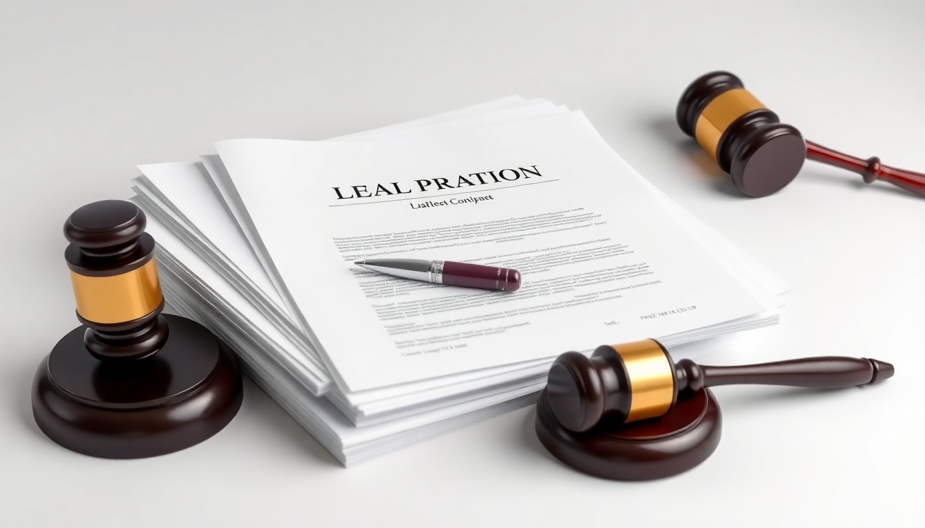 A photorealistic studio still life featuring legal documents, a calculator, and a gavel, symbolizing the abstract concepts of shareholder rights and corporate accountability.