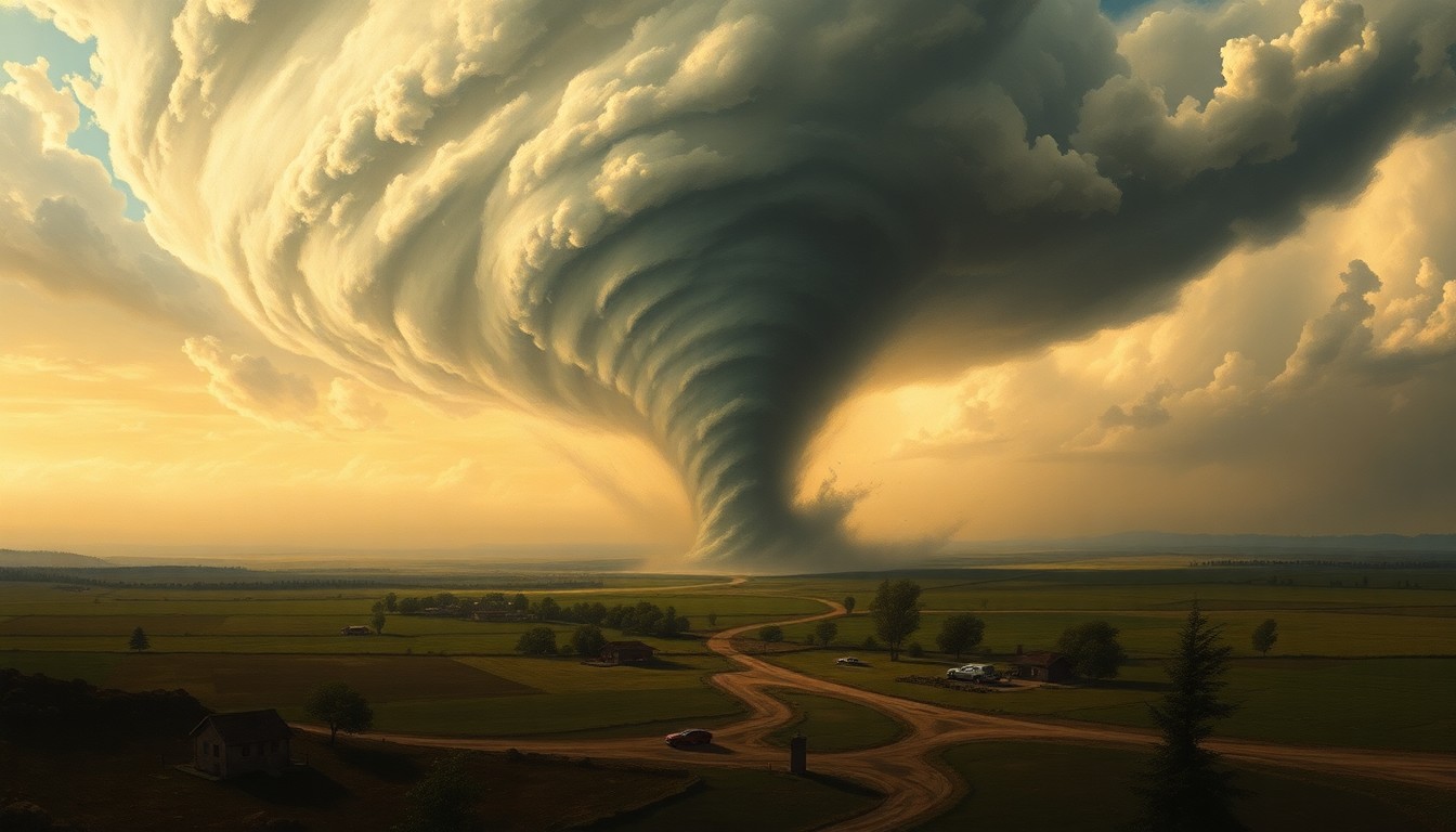 A dramatic, painterly landscape scene depicting a massive tornado in the distance, its swirling vortex dwarfing the small structures and vehicles caught in its path, conveying the overwhelming, sublime power of nature.