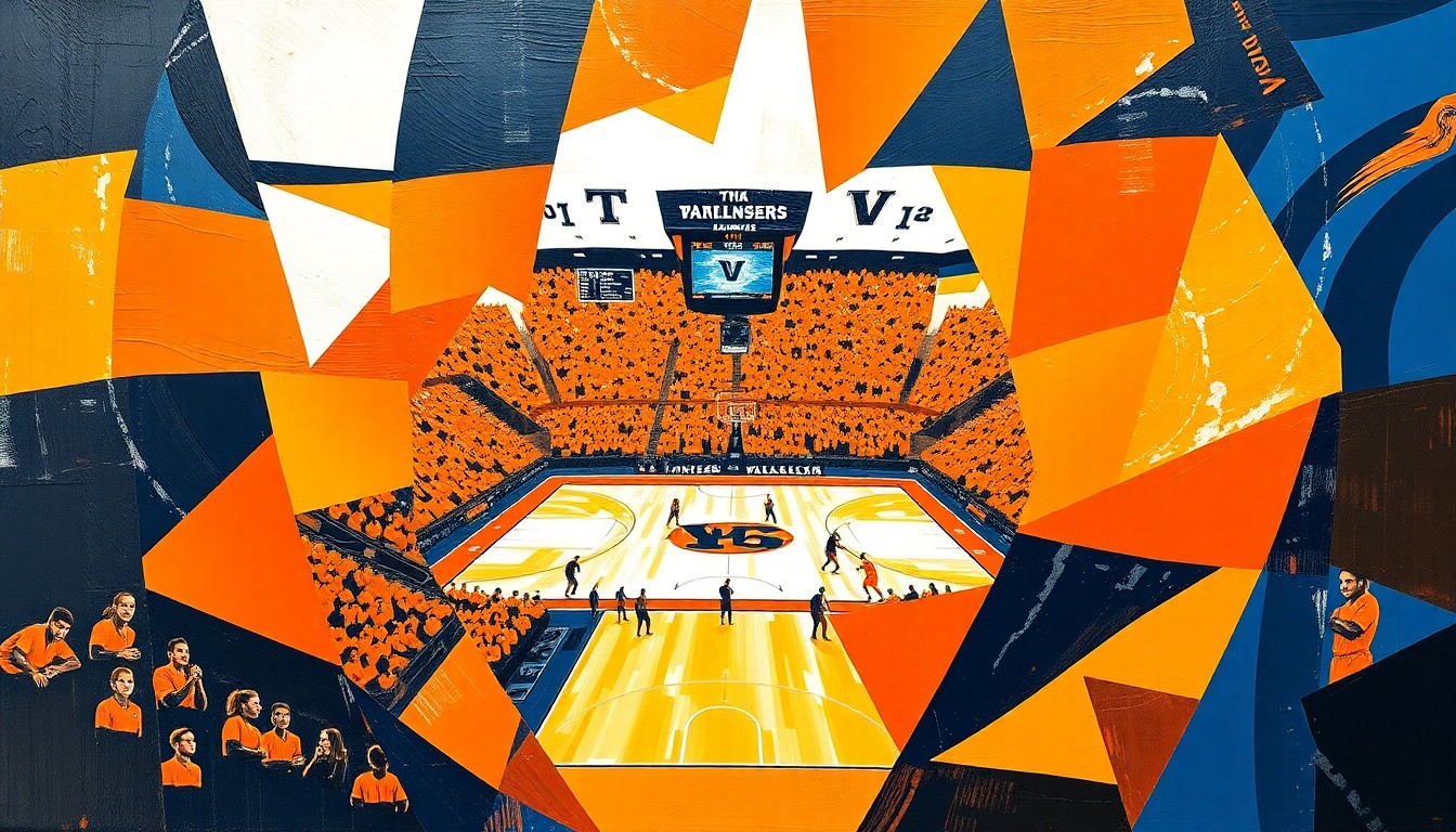 A cubist, geometric painting depicting a fragmented college basketball game, with sharp planes of orange, white, navy blue, and orange representing the competing teams.