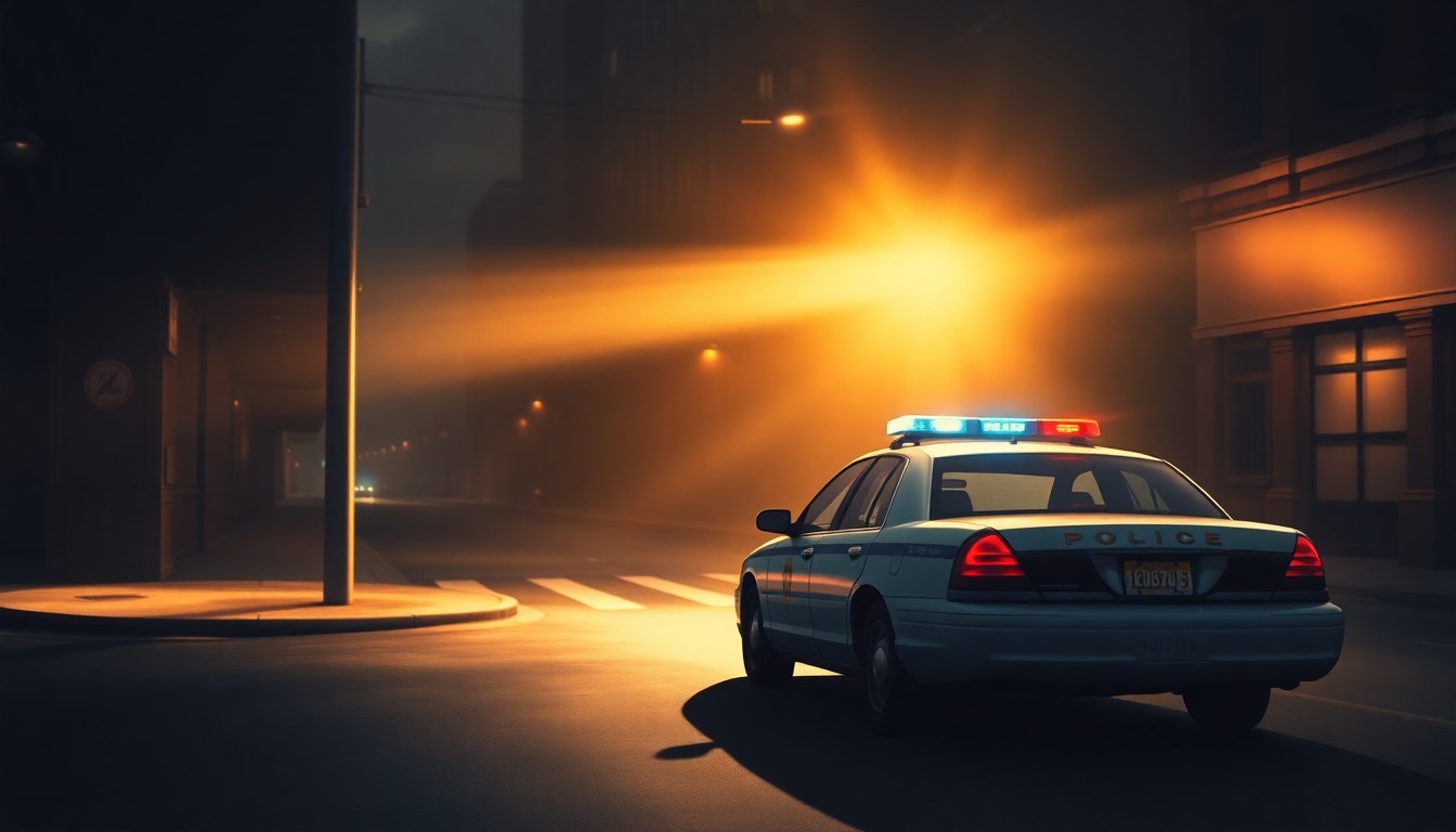 A realistic painting of a police car parked on a shadowy city street, with warm sunlight casting dramatic shadows across the scene, conveying a sense of contemplation and the complex challenges facing urban public safety.