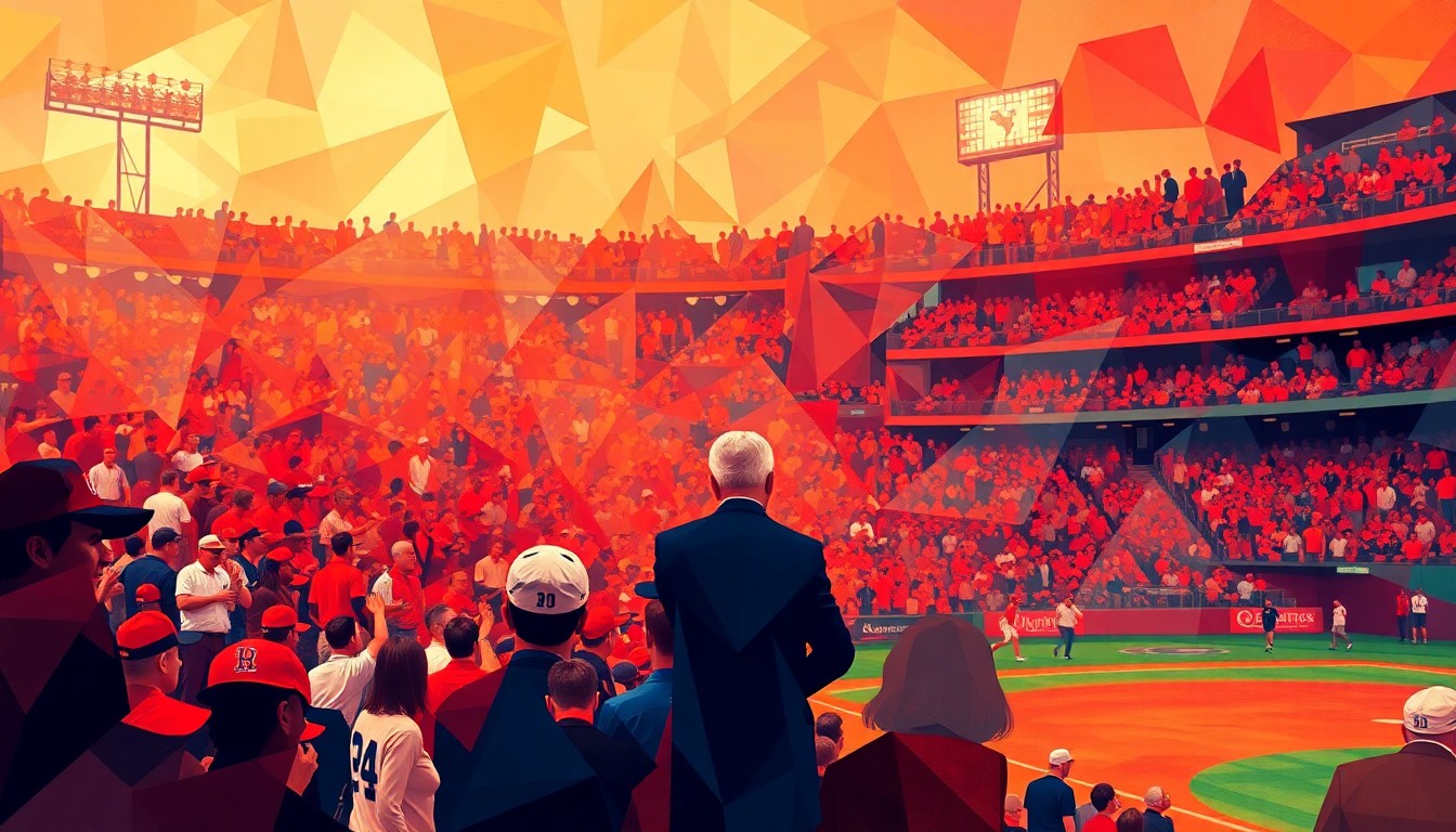 A dynamic, fragmented painting depicting the blurred figures of two politicians on a baseball field, surrounded by an agitated crowd in a riot of overlapping geometric shapes and vibrant colors, conveying the chaotic energy and partisan divisions of the moment.