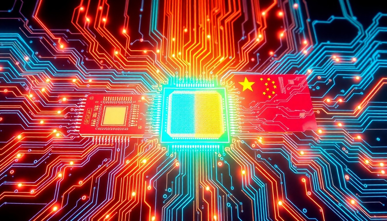 A highly detailed, glowing 3D illustration of interconnected circuit boards, microchips, and data cables in shades of blue, purple, and pink, conceptually representing the convergence of US and Chinese artificial intelligence technology.