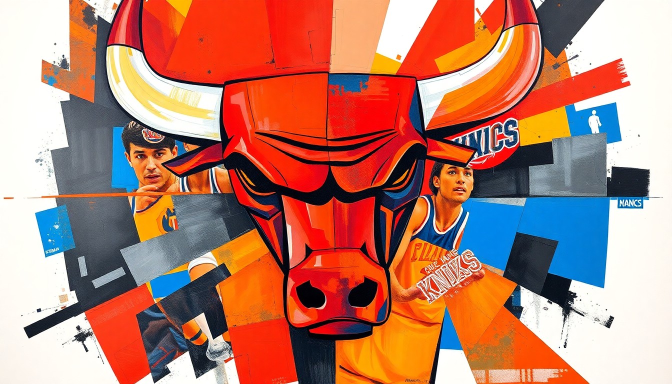 A fractured, multi-perspective painting in bold, clashing colors that deconstructs a basketball game between the Chicago Bulls and New York Knicks into sharp, overlapping geometric planes, capturing the one-sided nature of the contest.