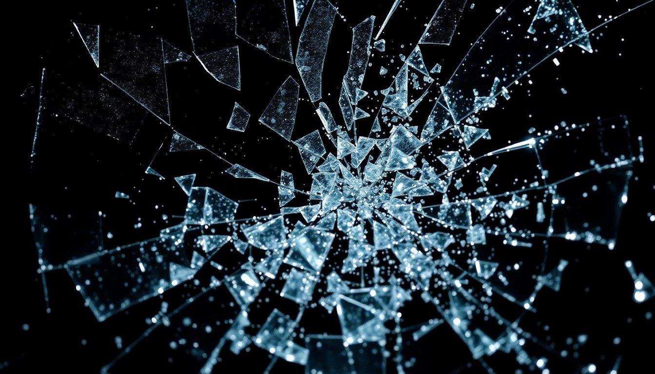 An extreme close-up of shattered glass and glittering shards, conceptually representing the fractured relationship between the two co-stars involved in a high-profile legal dispute.
