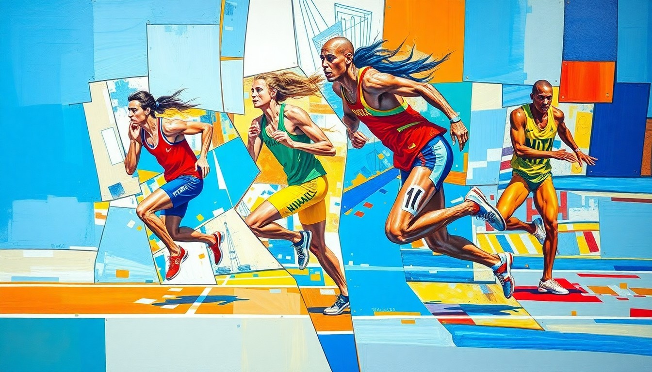 A cubist, geometric painting depicting the dynamic motion and energy of a track and field competition, with overlapping planes of color and form representing the athletes' movements.