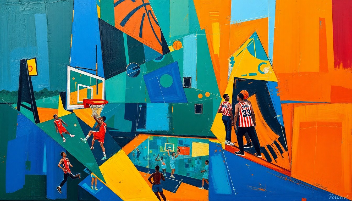 A cubist-style painting depicting a basketball game or match, with the players and court broken down into sharp, overlapping geometric shapes in a vibrant color palette of blues, greens, and oranges.