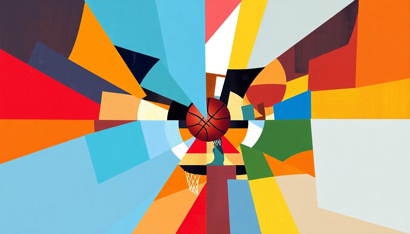 A cubist-style painting depicting a fragmented, geometric basketball court scene with players and the ball in motion, rendered in a mix of Carolina blue, Arizona red, and other bold colors.