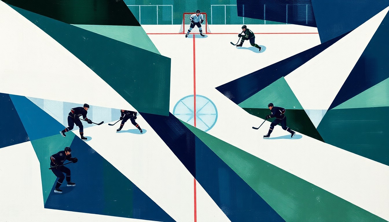 A fractured, geometric painting depicting a hockey game, with the players and ice reduced to sharp, overlapping shapes in a palette of navy, green, and white.
