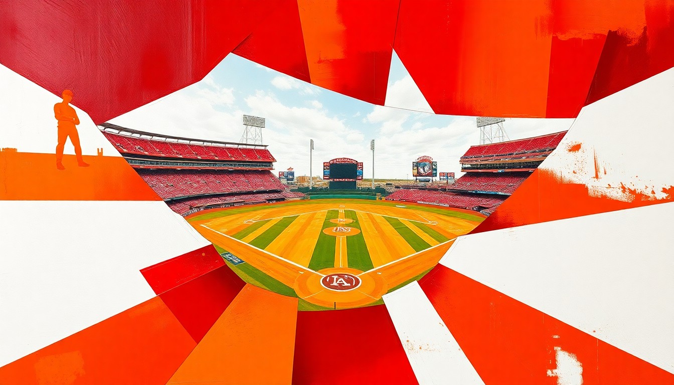 A cubist, geometric painting depicting a softball game between Alabama and Texas, with overlapping planes of crimson, burnt orange, and white representing the dynamic action on the field.