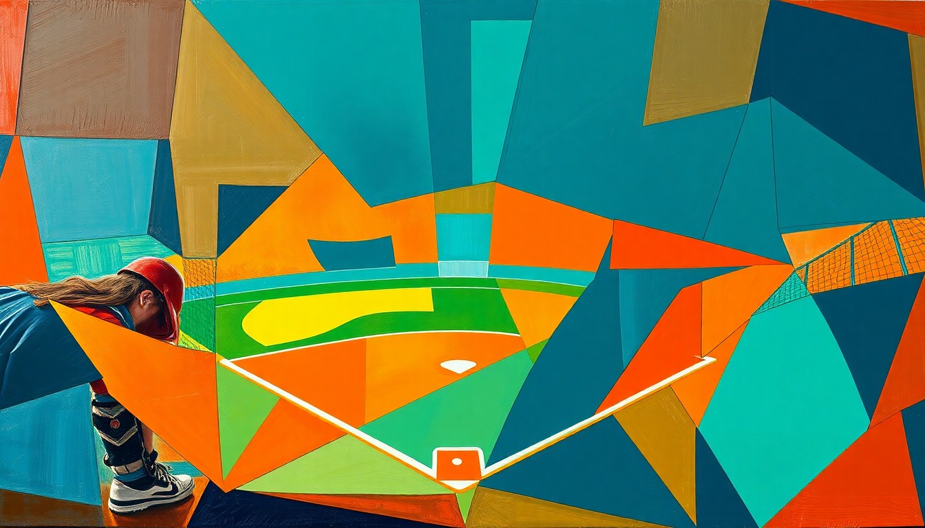 A fragmented, geometric painting depicting a softball game, with sharp planes of color representing the dynamic action on the field.