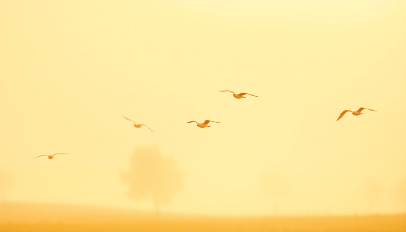 An extremely abstracted, out-of-focus photograph in soft pools of warm color and light, depicting a serene nature scene with birds in flight, conceptually representing the lifelong passions of the late educator Harry E. Taylor.