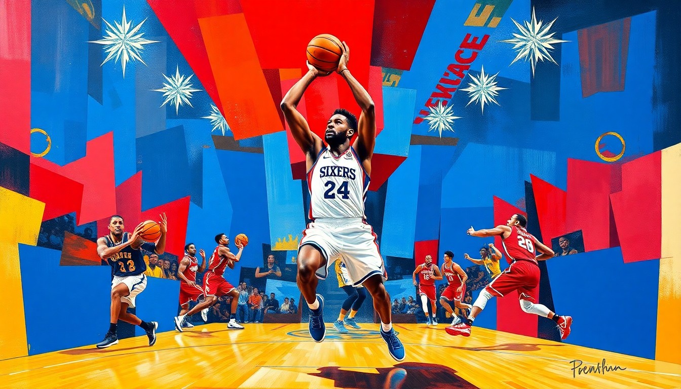 A cubist, geometric painting depicting the dynamic movements of a basketball player, with sharp, overlapping planes of vibrant red, blue, and white colors representing the Philadelphia 76ers' team palette.