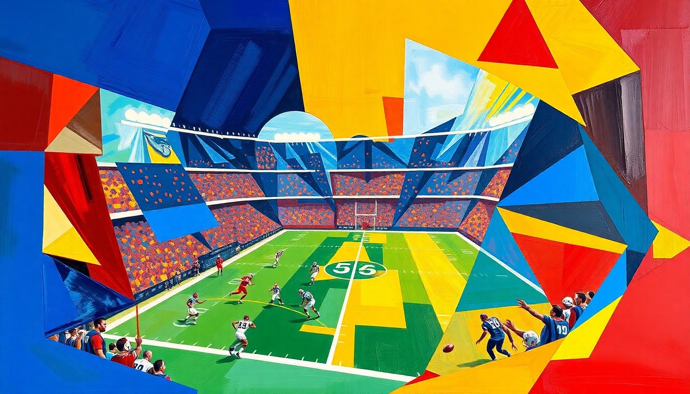 A cubist, geometric painting depicting a UFL football game, with sharp planes of color and overlapping shapes representing the players, field, and action on the field.
