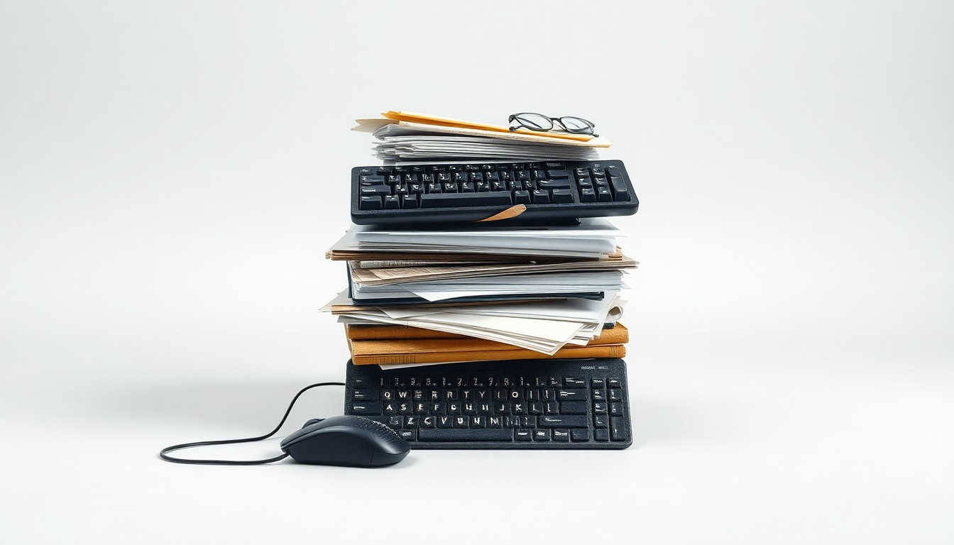 A photorealistic studio still life featuring a stack of abandoned office equipment and supplies, conceptually representing the transition of vacant commercial spaces into residential use.