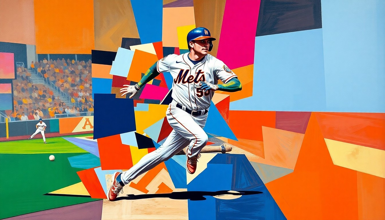 A fractured, geometric painting depicting a baseball player running the bases, with sharp planes of color representing the Mets and Giants team colors, conveying the tension and uncertainty of an injury incident.