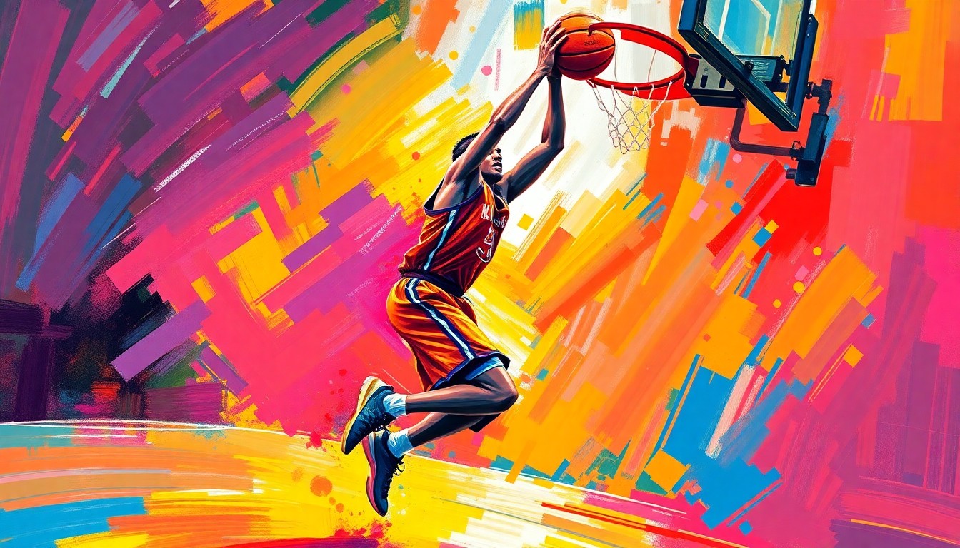 An abstract, energetic painting in vivid neon colors depicting the dynamic motion and raw power of a basketball player driving to the hoop, conceptually representing the excitement and significance of a historic 50-point performance.
