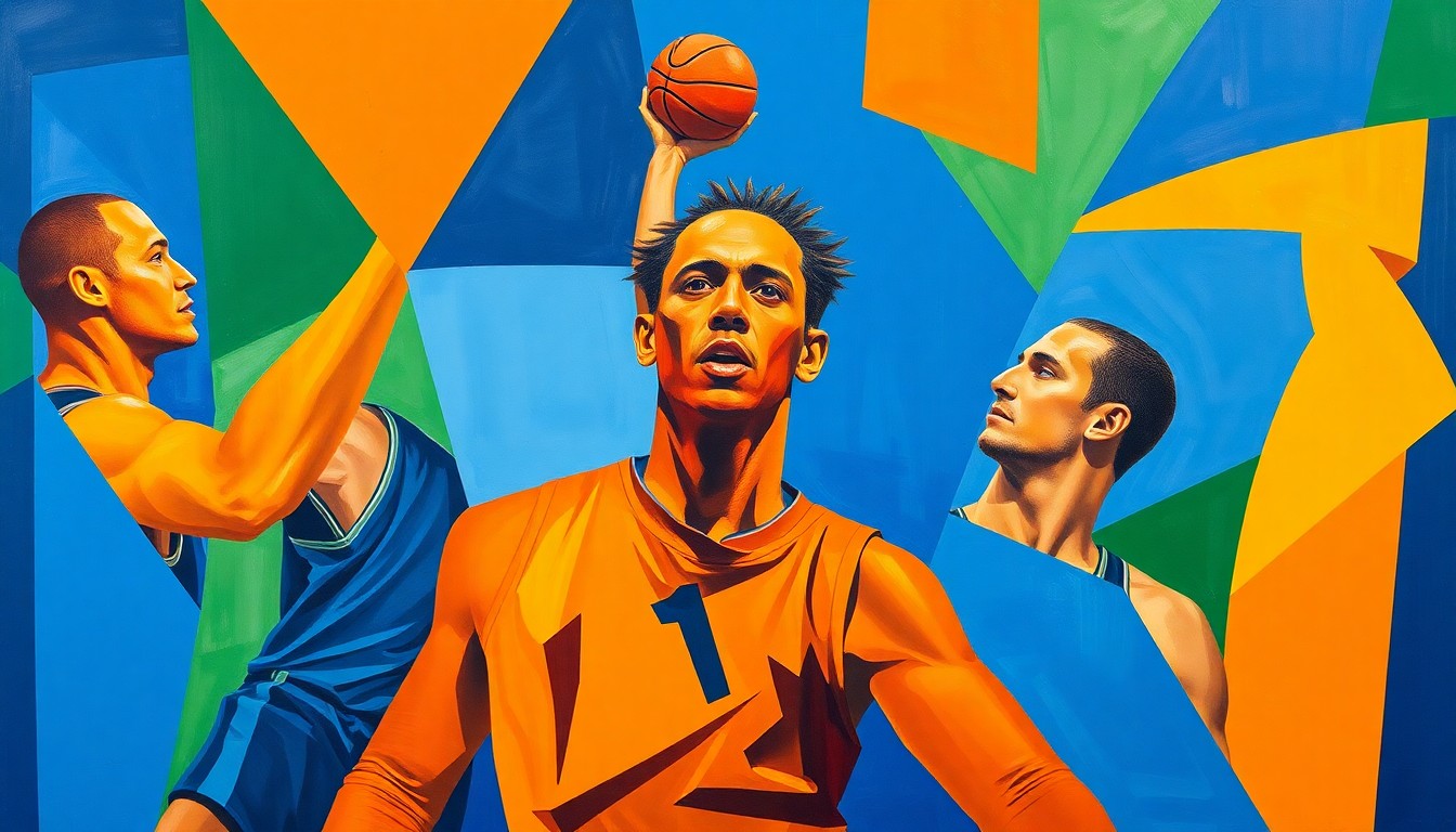 A fractured, multi-perspective painting featuring abstract geometric shapes and planes of vibrant blue, orange, and green, conceptually representing the fluidity of college basketball player movement in the transfer portal.