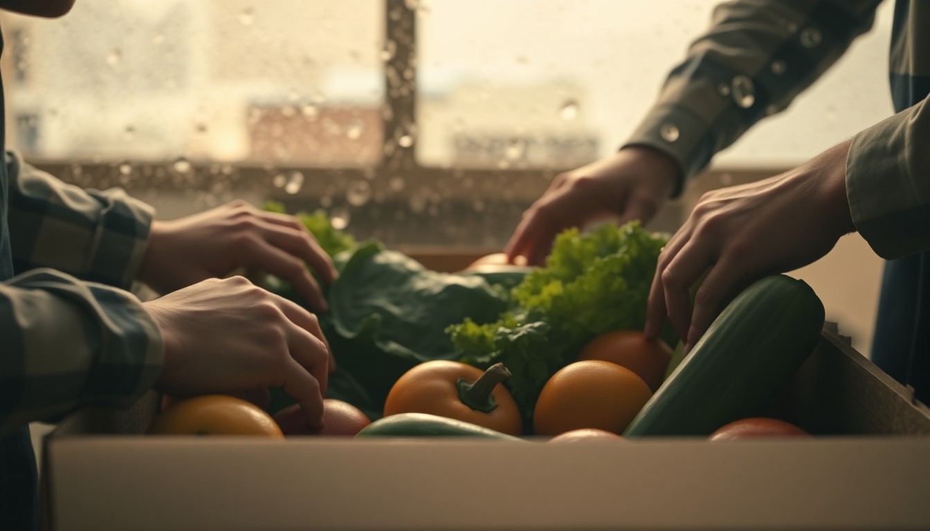 An abstract, blurred photograph of hands reaching into a box of fresh fruits and vegetables, captured through a rain-streaked window in a warm, soft light, conveying the idea of community food assistance.
