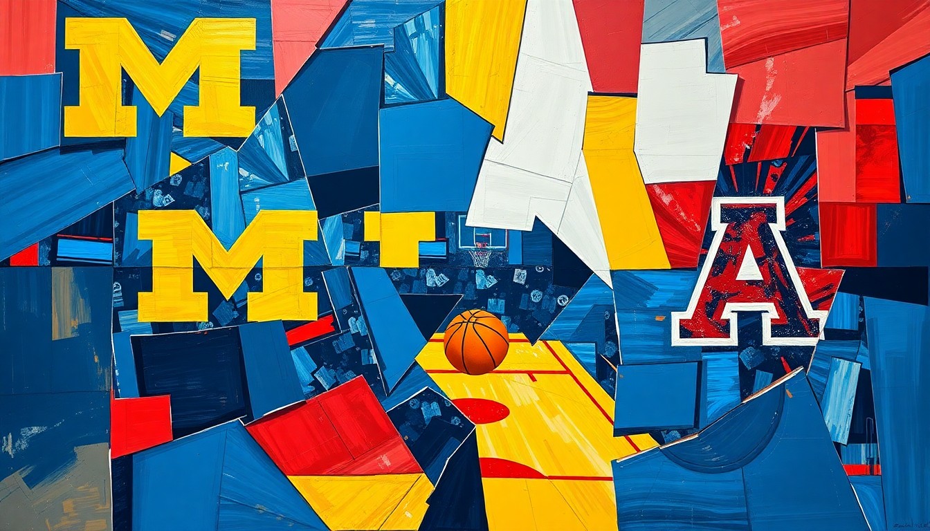 A fractured, geometric painting in vibrant blues, yellows, and reds, depicting the action and movement of a basketball game in an abstract, cubist style.
