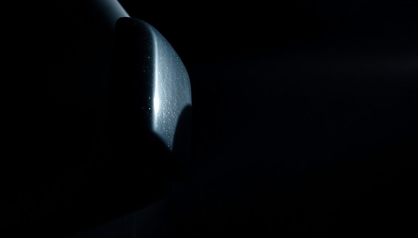 An extreme close-up photograph of a damaged side mirror and crumpled fender from a parked truck, conceptually illustrating the aftermath of a drunk driving collision.