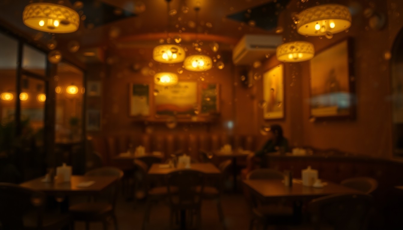 An abstract, impressionistic photograph of a blurred, warm-toned interior scene, evoking the cozy atmosphere of a neighborhood restaurant.
