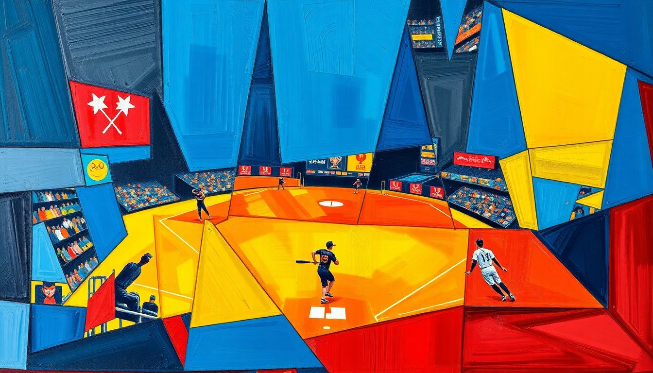 A cubist, geometric painting depicting the dynamic action of a softball game, with overlapping planes of navy, red, and yellow conveying the energy and intensity of the sport.