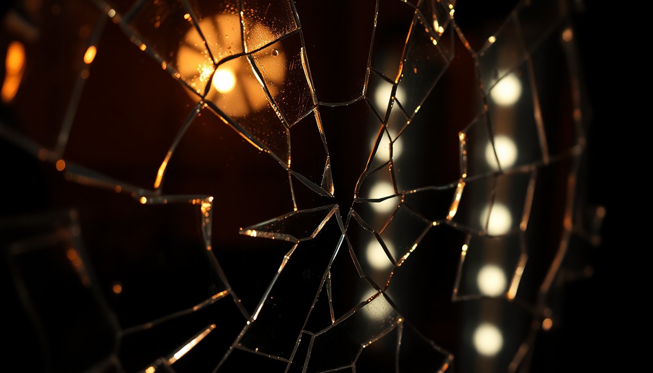 An extreme close-up of a shattered glass mirror reflecting dramatic, high-contrast lighting, conceptually representing the secrets and drama of soap opera characters.