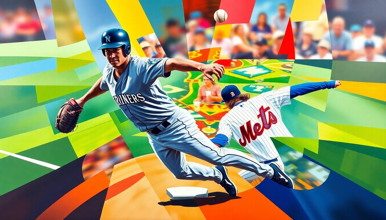 A cubist, geometric painting depicting a baseball player's motion broken down into overlapping planes of color, representing the complexities of Polanco's move from the Mariners to the Mets.