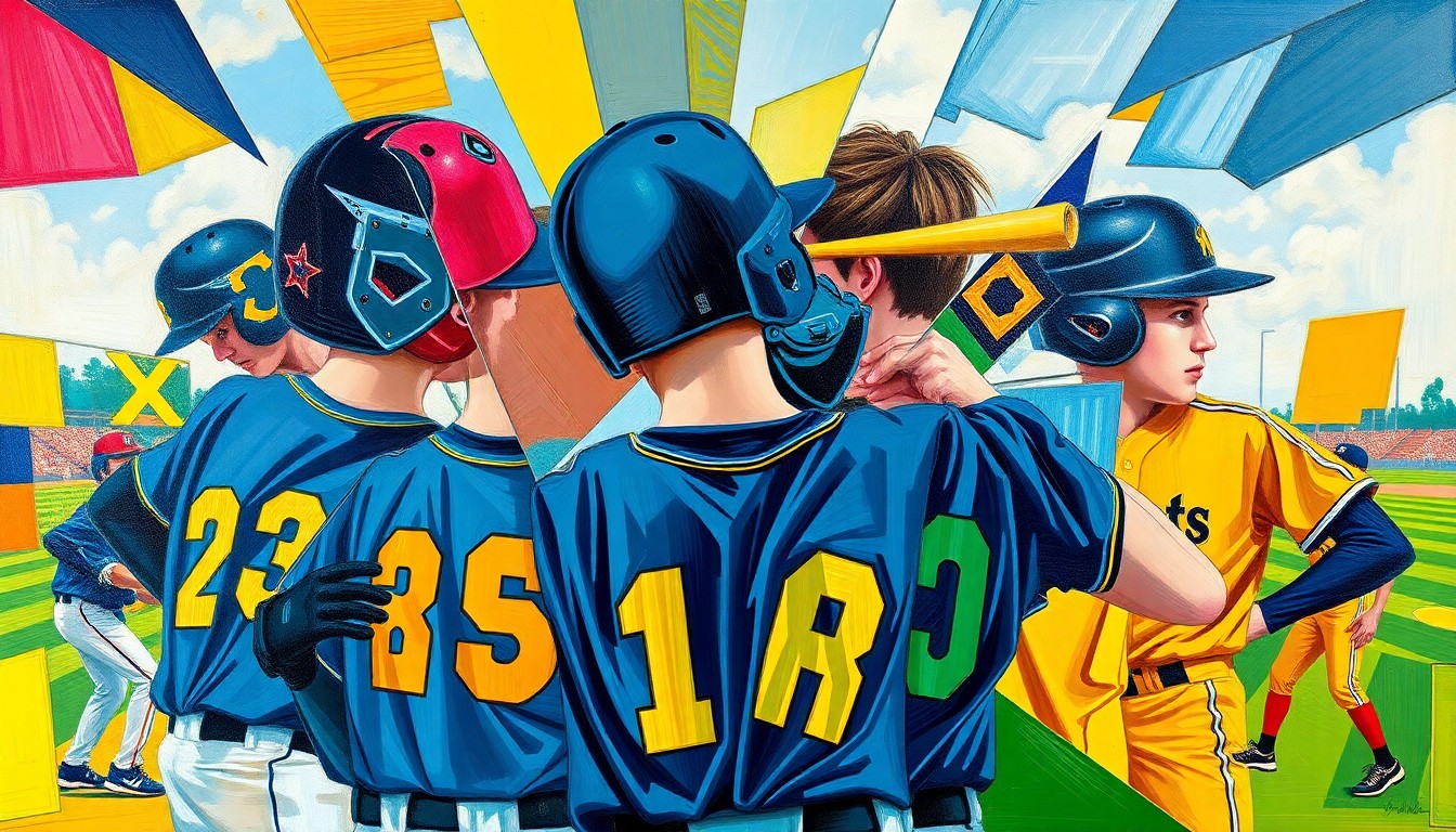 A fragmented, geometric painting in bold colors depicting the dynamic movements and competition of a high school baseball game.