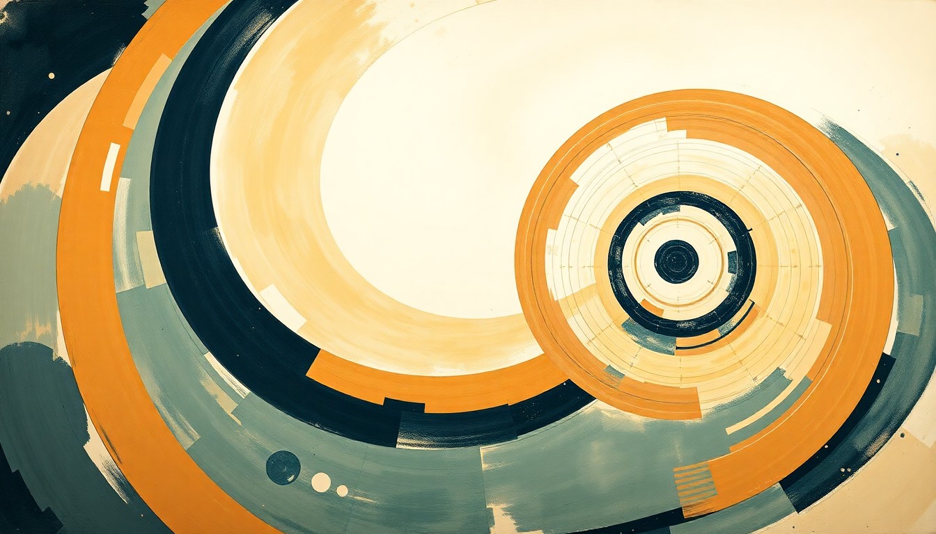 A highly structured abstract painting in soft, earthy tones of ochre, sage, and indigo, featuring sweeping geometric arcs, concentric planetary circles, and precise botanical spirals, conceptually representing the technical precision and complex forces involved in the Artemis I mission to the Moon.