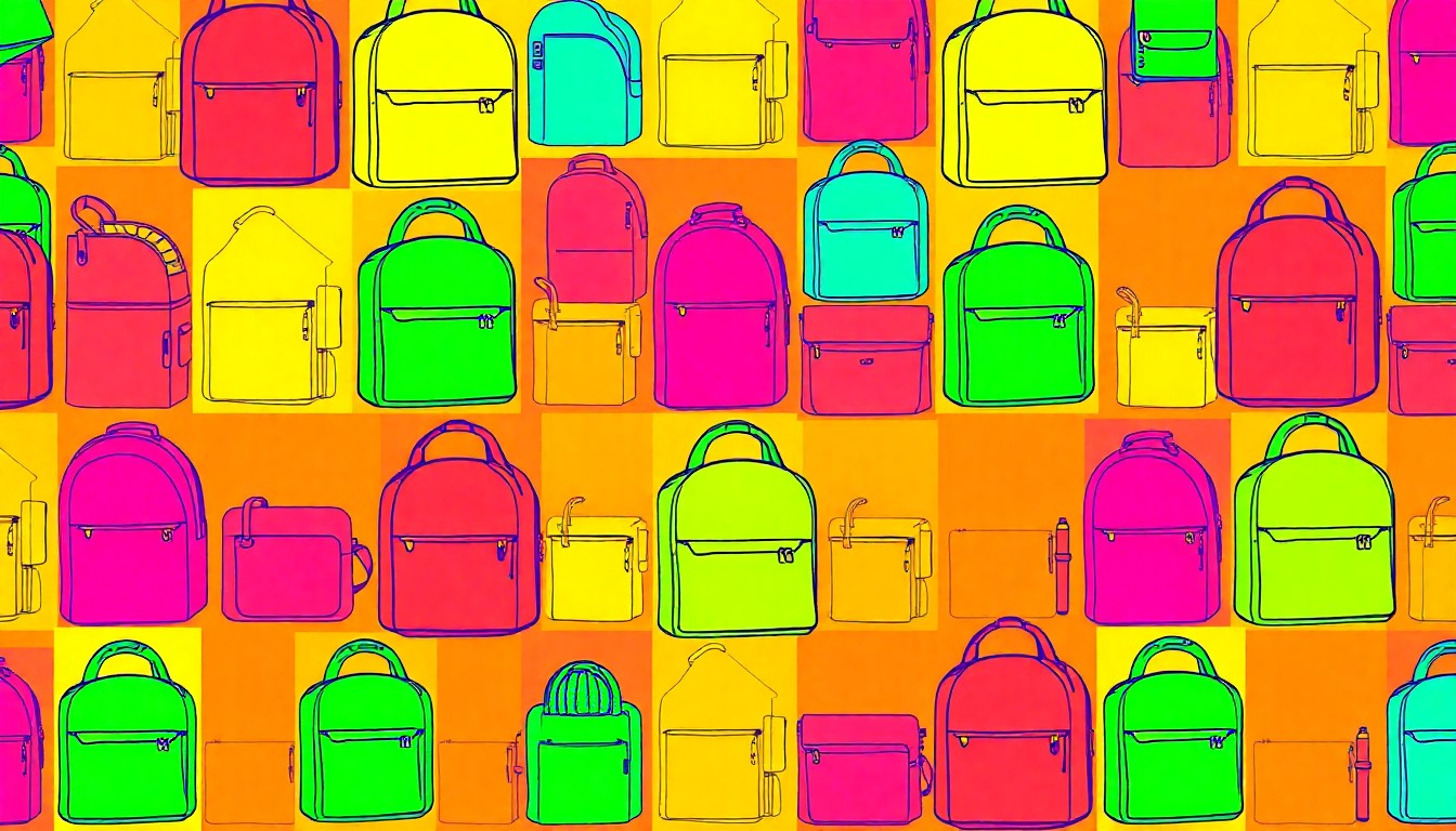 A bold, stylized grid of brightly colored school supplies rendered in a high-contrast pop art silkscreen style, conceptually representing the growth and modernization of educational infrastructure.