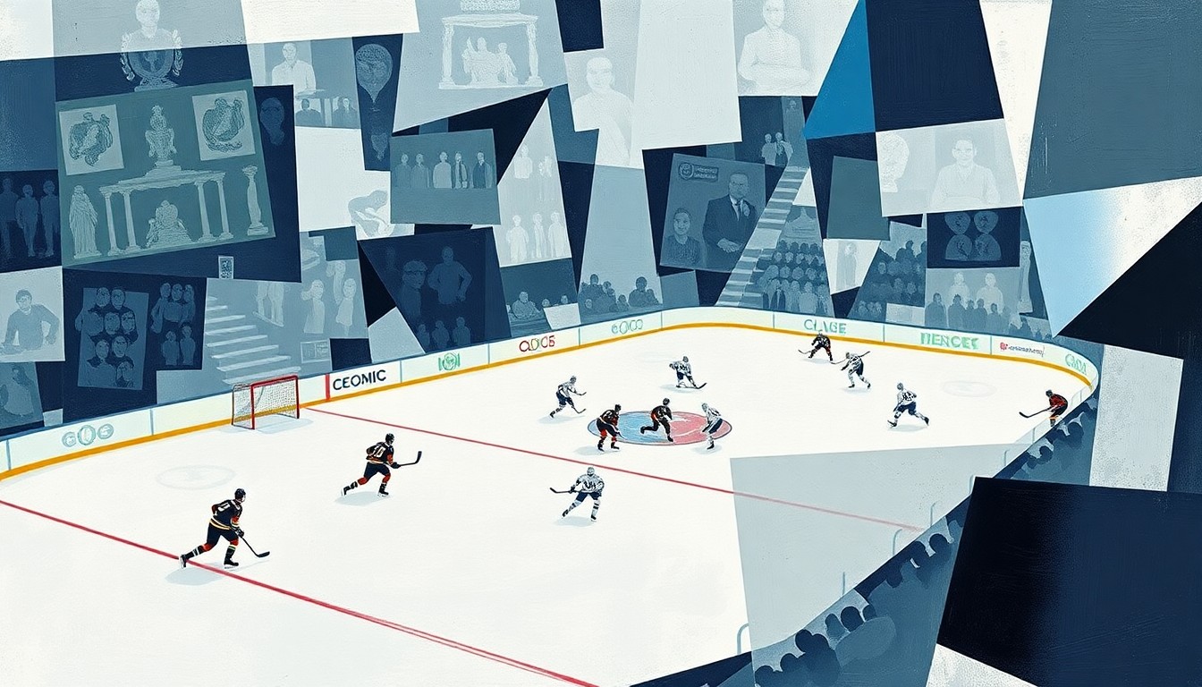 A fractured, multi-perspective painting featuring abstract geometric shapes and planes in muted blues, grays, and whites, conceptually representing the breakdown of a hockey game.