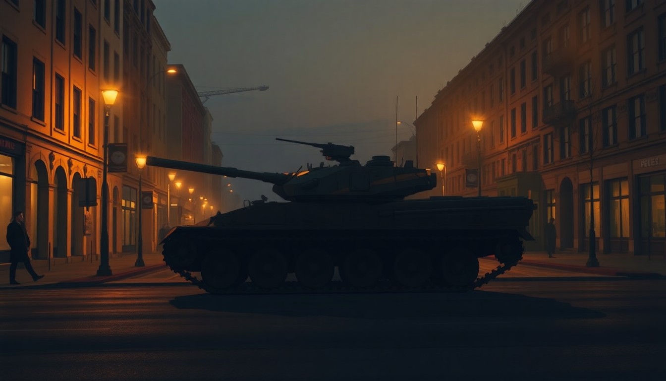A detailed, photorealistic painting of a military vehicle parked alone on a dimly lit urban street, with warm sunlight casting dramatic shadows across the scene, conveying a sense of quiet contemplation about the role of military power in American society.