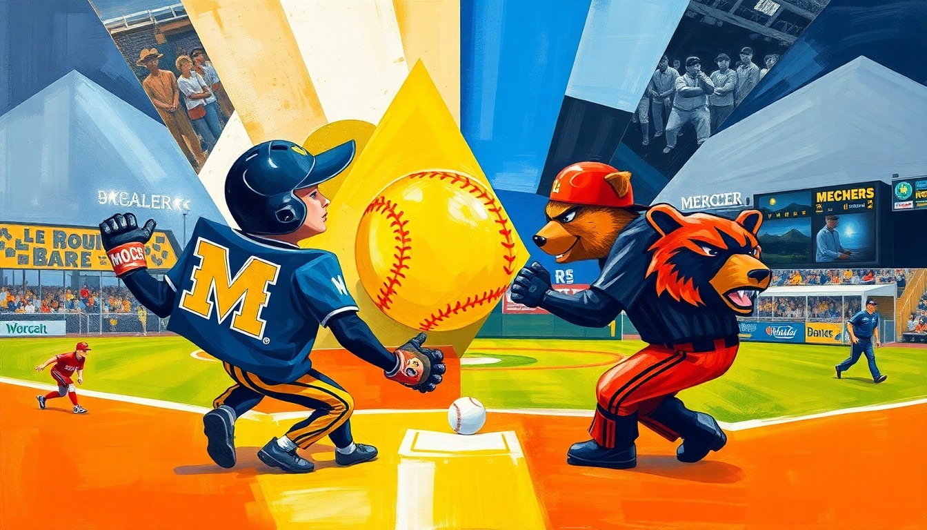 A fractured, cubist-style painting depicting the dynamic action of a softball game, with sharp geometric shapes and planes in the team colors of Chattanooga and Mercer, conceptually representing the competitive spirit and back-and-forth nature of the doubleheader sweep.
