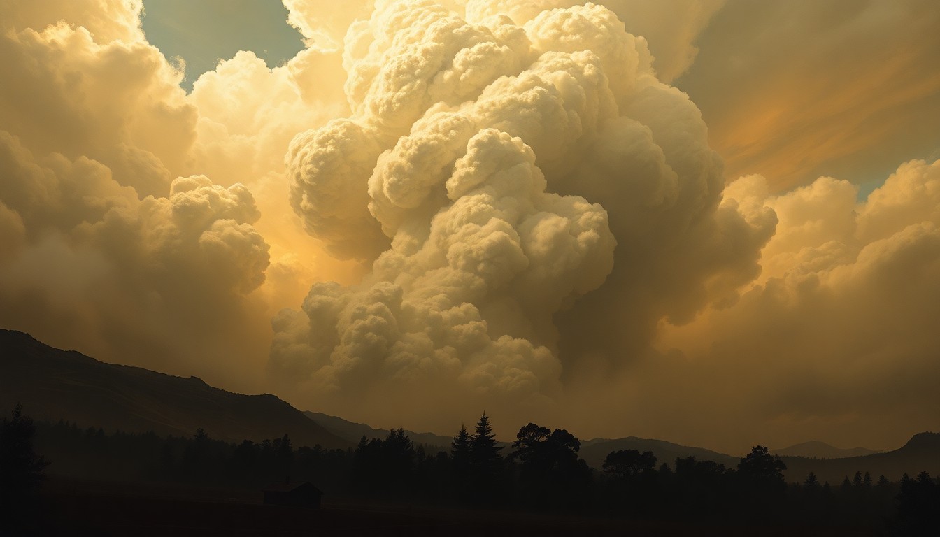 A sweeping, atmospheric landscape painting in muted tones, with a massive plume of dark smoke billowing across the sky, dwarfing the silhouetted forms of trees and structures below, conveying the overwhelming scale and power of the natural disaster.