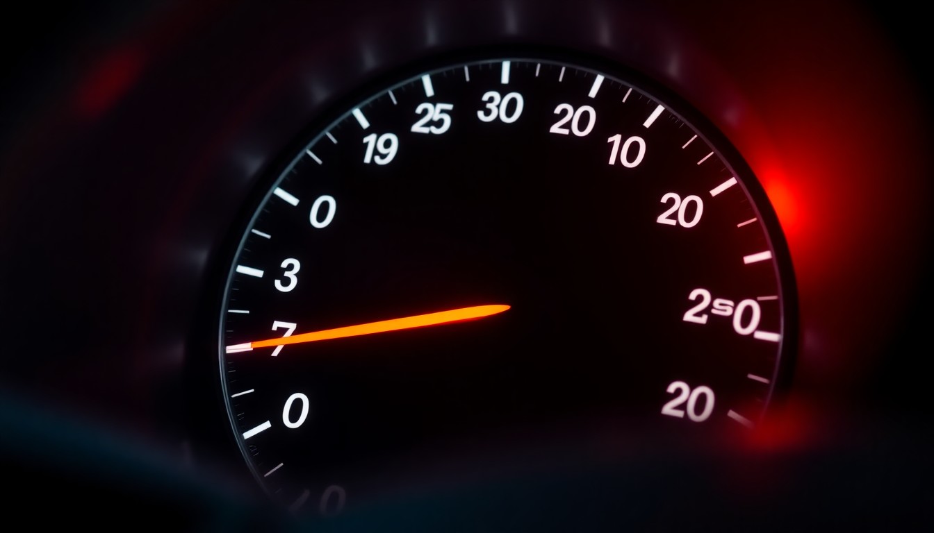 An extreme close-up photograph of a car speedometer needle pointing past the speed limit, creating a stark, gritty, investigative aesthetic that conceptually represents the increased traffic enforcement efforts.