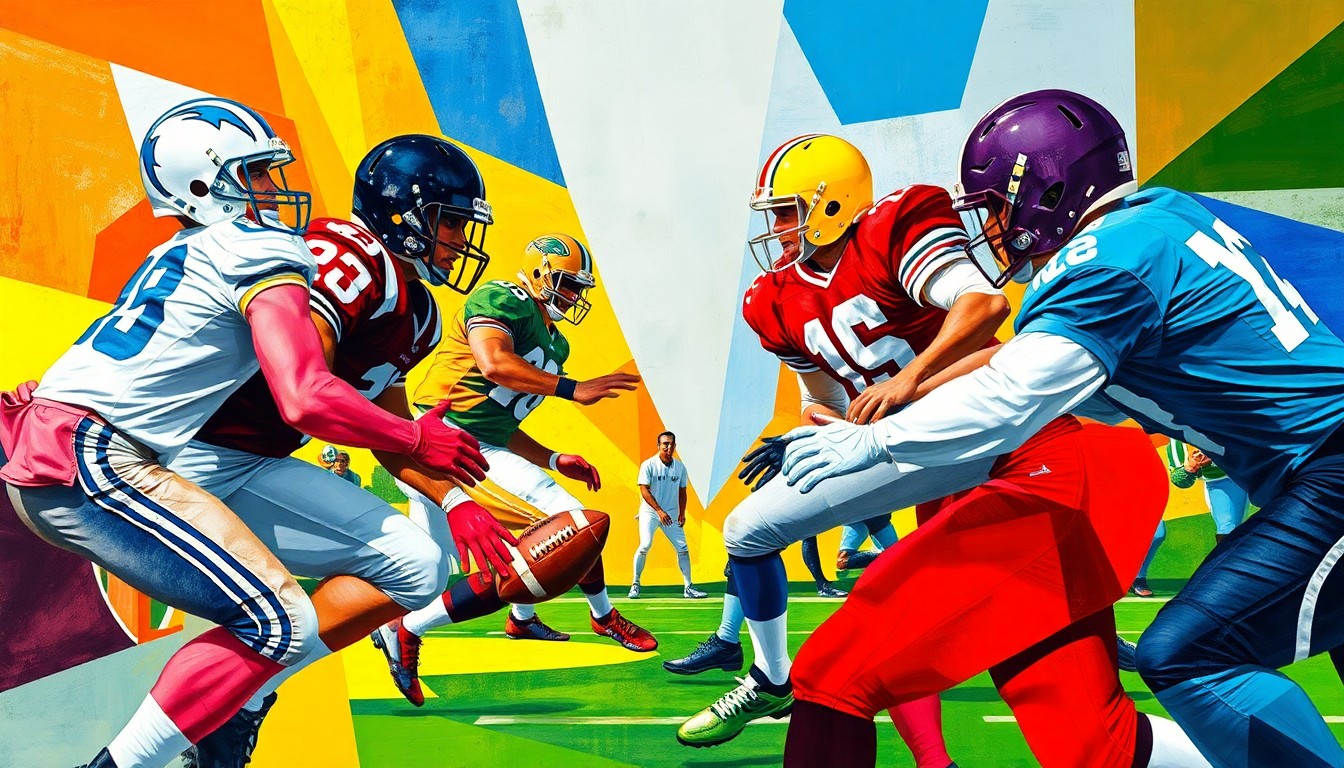 A fractured, cubist-style painting depicting a football game, with players' forms broken down into overlapping geometric shapes in the team colors of the Aviators and Defenders.