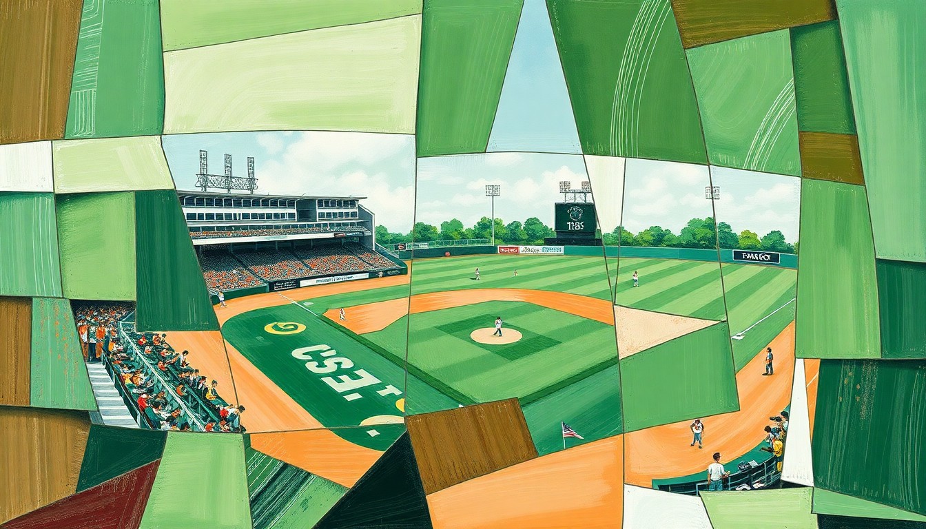 A fragmented, geometric painting depicting a high school baseball game, with overlapping planes of green, brown, and white representing the field, players, and equipment.