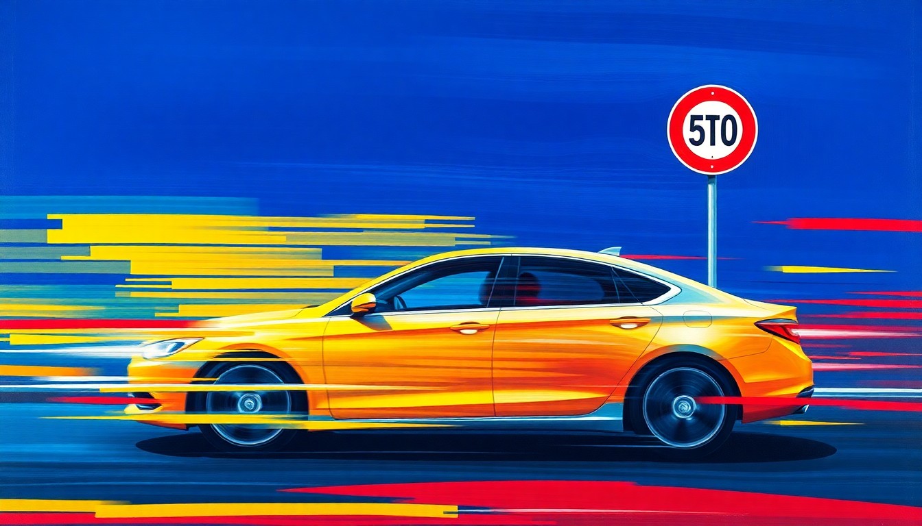 A dynamic, abstract painting of a speeding car passing a school zone sign, the vehicle's motion repeated in overlapping, geometric waves of deep blue, bright yellow, and crimson red, creating a sense of speed and movement.