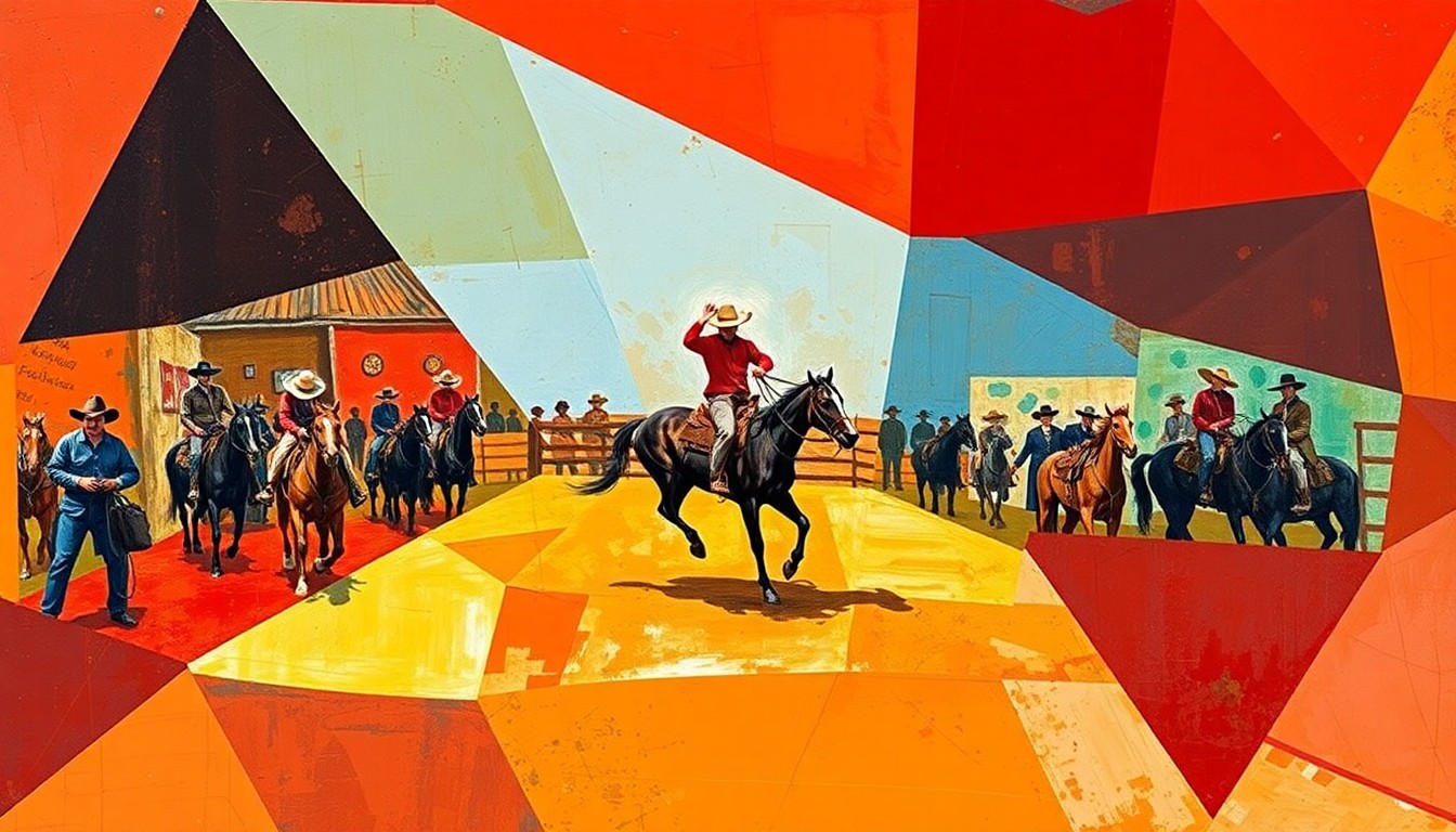 A cubist, geometric painting depicting a fractured, multi-perspective view of a rodeo scene, with sharp planes of earthy red, orange, and brown hues, conceptually representing the careful construction of the arena's dirt surface to prioritize safety.