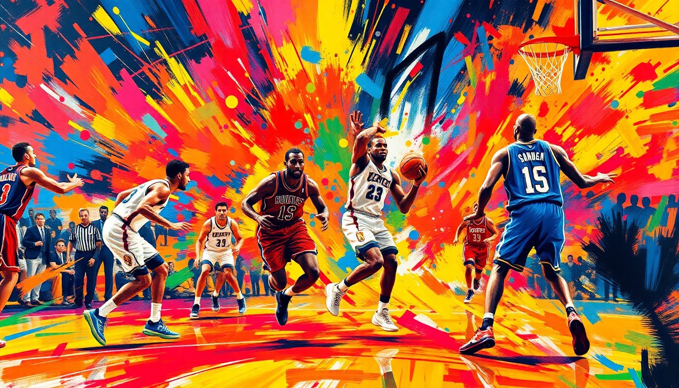 A vibrant, expressionist painting depicting the frenetic energy and movement of a basketball game, with players' forms dissolving into swirls of neon colors and bold brushstrokes.