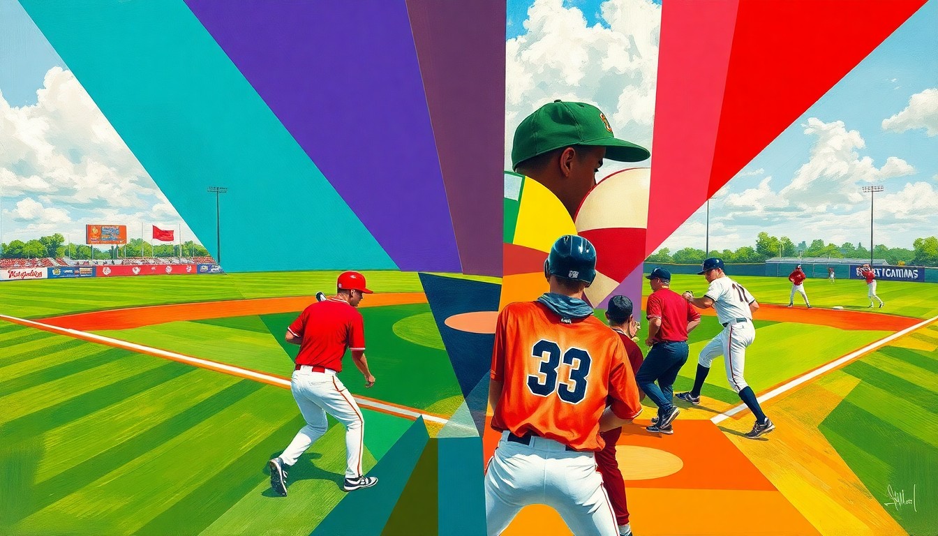 A fragmented, geometric painting depicting a high school baseball game, with sharp planes of color and overlapping perspectives capturing the energy and excitement of the competition.