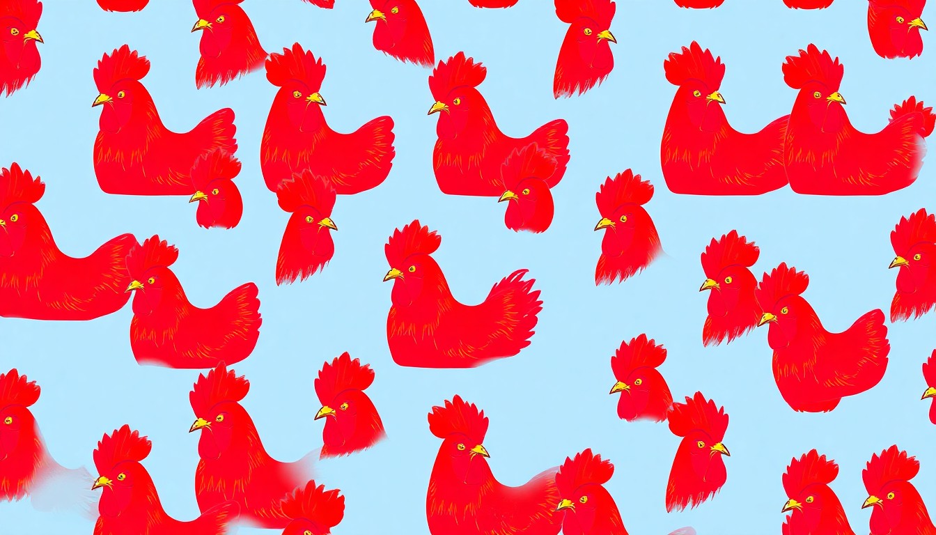A repeating grid of stylized chicken icons in bright neon colors and heavy black outlines, conceptually representing the controversy over residential chicken-keeping regulations.