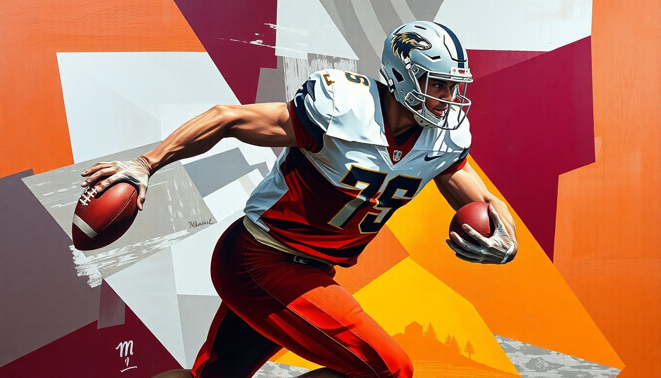 A fragmented, cubist-style painting depicting a football player in motion, broken down into sharp geometric shapes in the colors of the University of Montana Grizzlies, conceptually representing the program's rebuilding efforts.